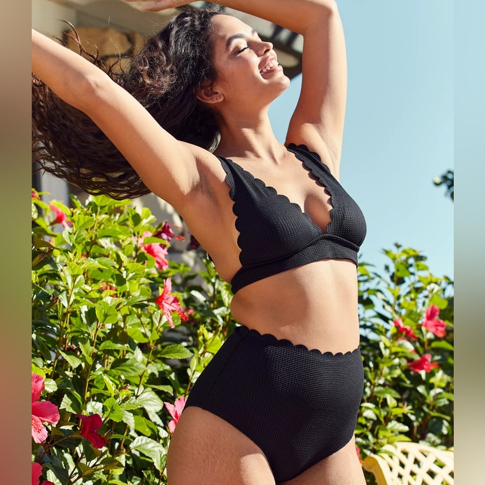 Aerie Waffle Scalloped Tie Longline Triangle Bikini Top + Bottom